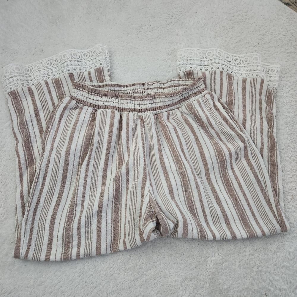 Marissa‎ Olivia Womens XL Striped Linen Blend Wide Leg Pants Tan White Lace Trim